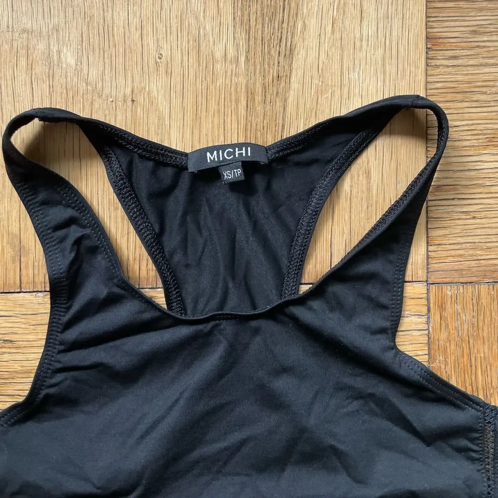 NWOT $120 Michi Black Halterneck Racerback Tank w/ contoured mesh seams, Size XS